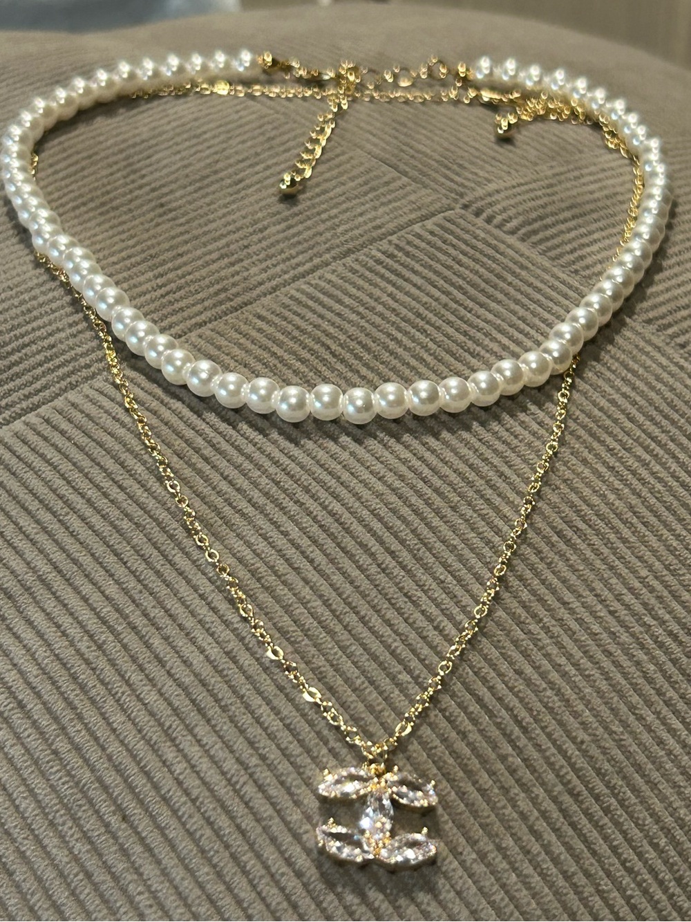White Faux Pearl Choker with Gold CZ Pendant Necklace